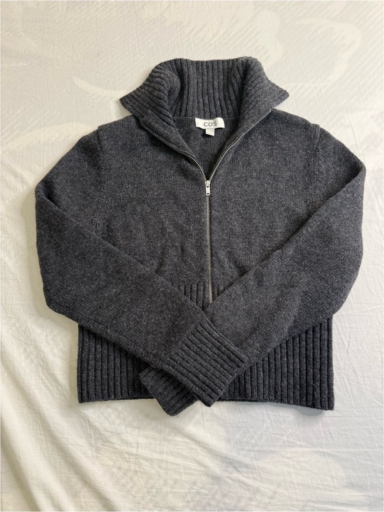 COS Sweaters - COS Women's Charcoal Zip-Up Ribbed Hem Wool Sweater